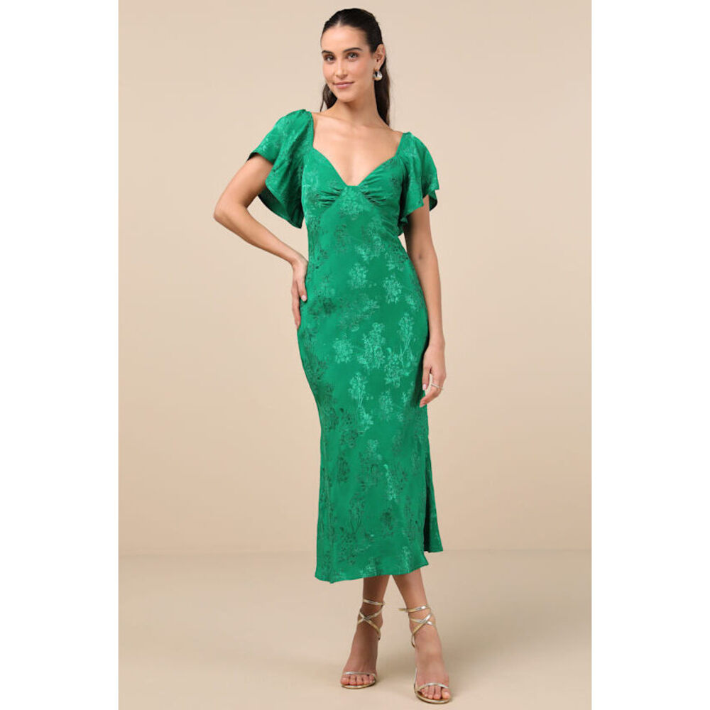 Lulus Effervescent Afternoon Green Satin Flutter Sleeve Midi Dress - Size M